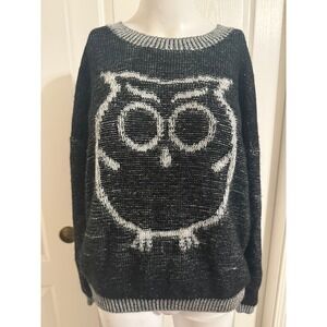 Uniq Women Black White Owl Graphic Knit Sweater Small SW-7993 Crew Neck Marled